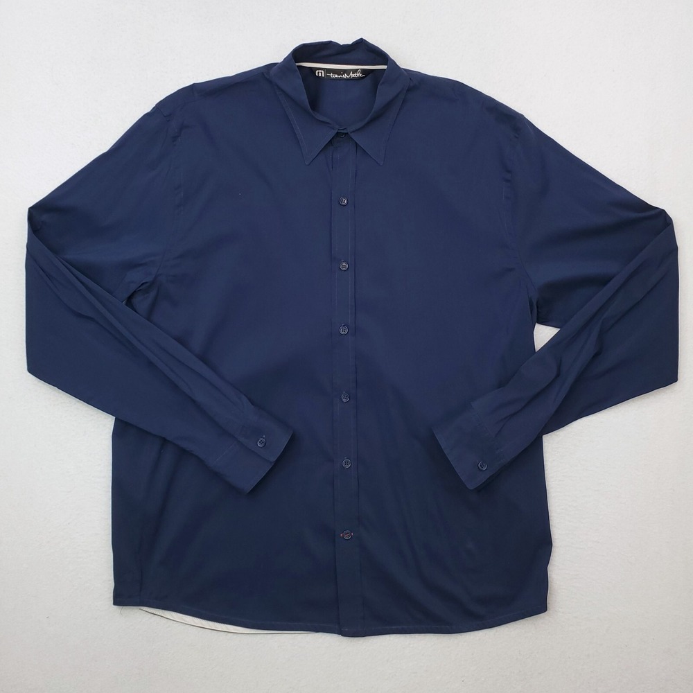 Travis Mathew Shirt Mens Large Navy Blue Button Up Performance Stretch Preppy‎